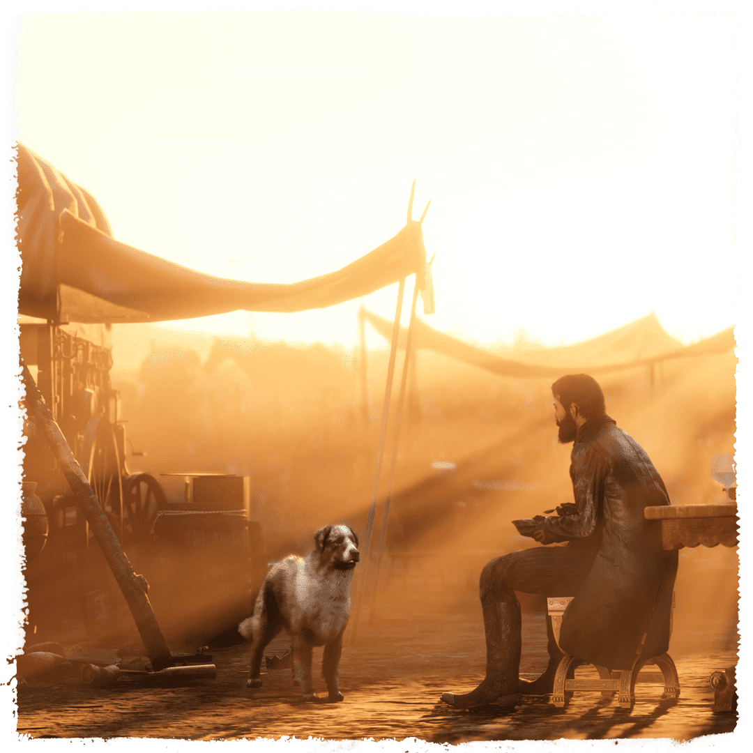 Screenshot of a Trader Camp with a Red Dead Online character and a Camp Dog.