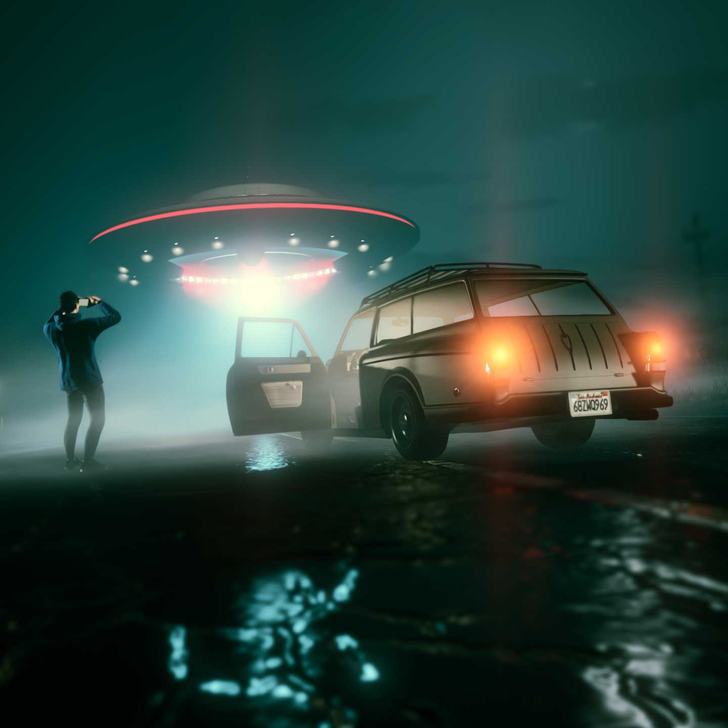 UFO Sightseeing Event Screenshot of a GTA Online character taking a photo of an UFO.
