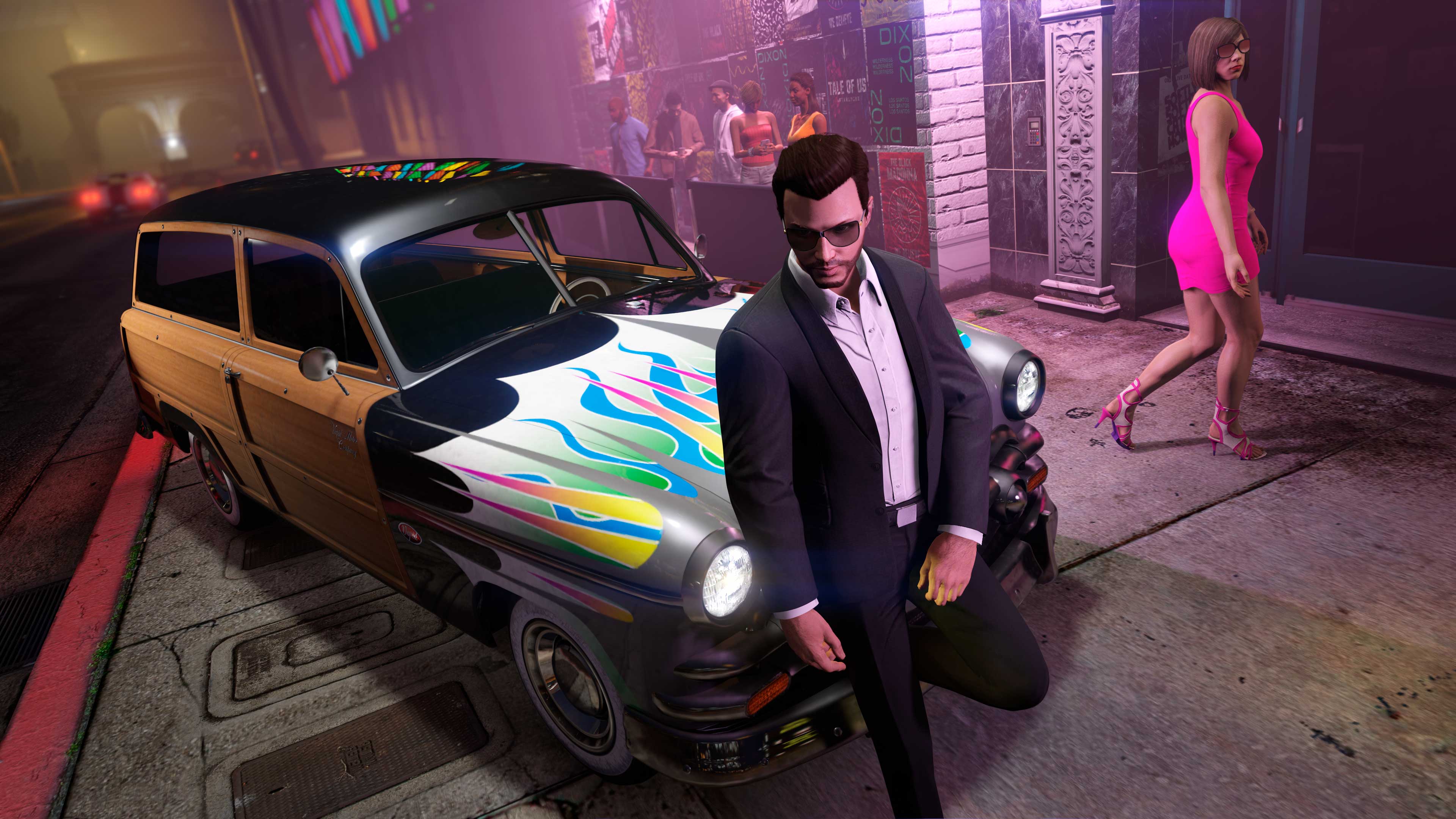 Screenshot of a GTA Online character and a Vapid Clique Wagon with a Pinned Flames Livery.
