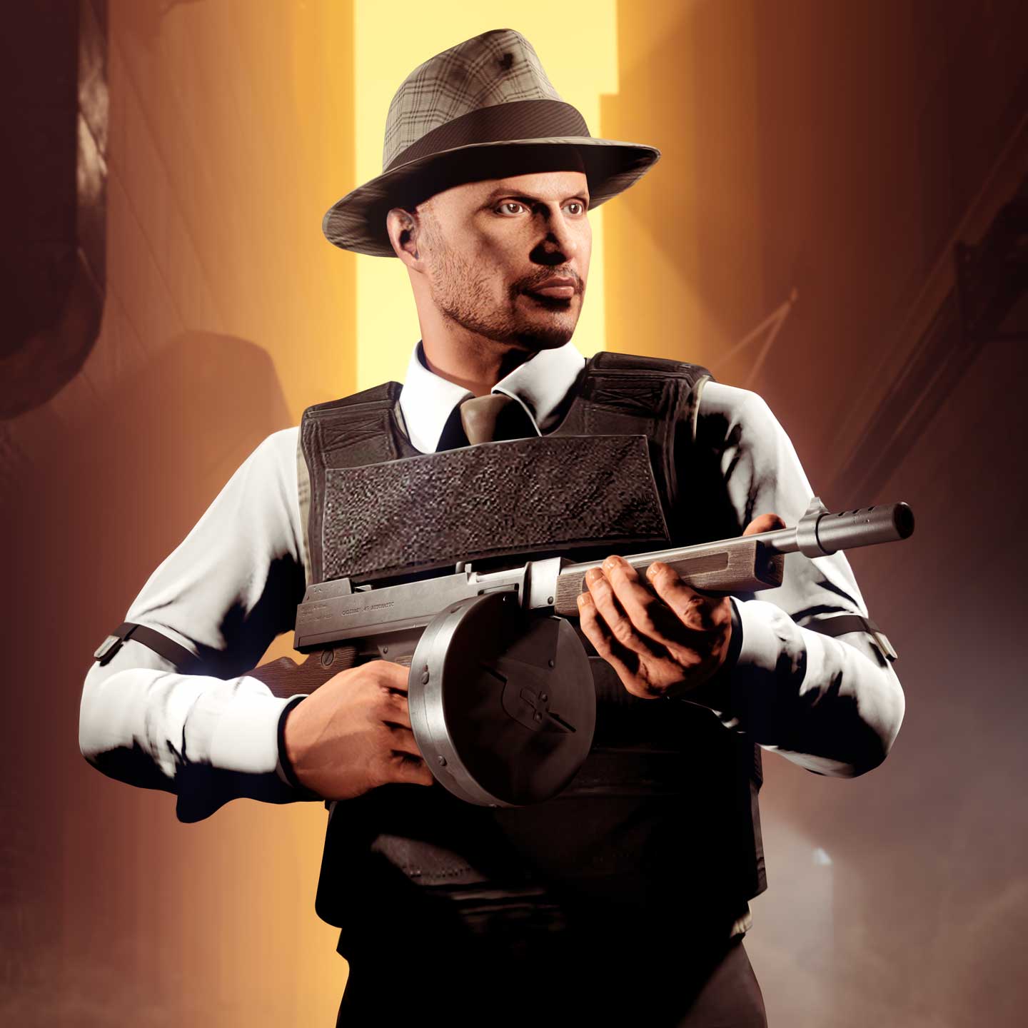 Screenshot of a GTA Online character with a Gusenberg Sweeper.