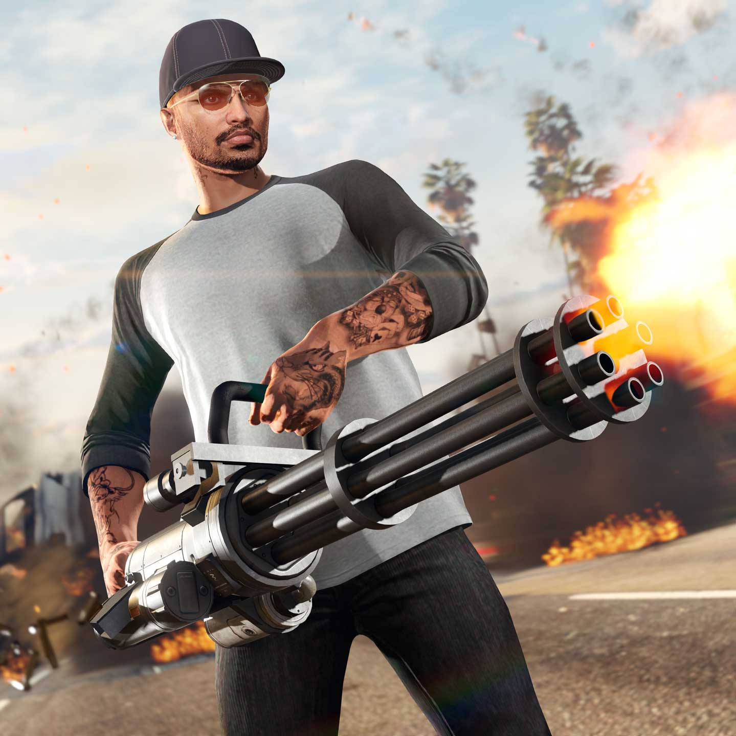 Minigun Screenshot of a GTA Online character holding a Minigun.