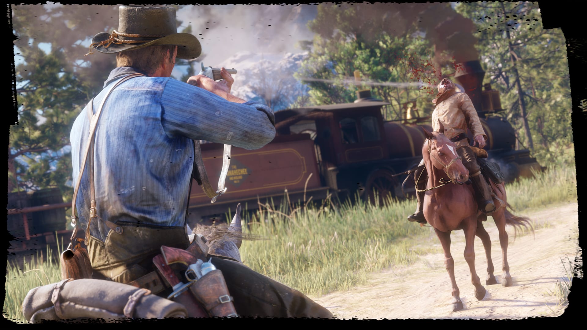 Weaponry Screenshot of a gun fight in Red Dead Redemption 2.