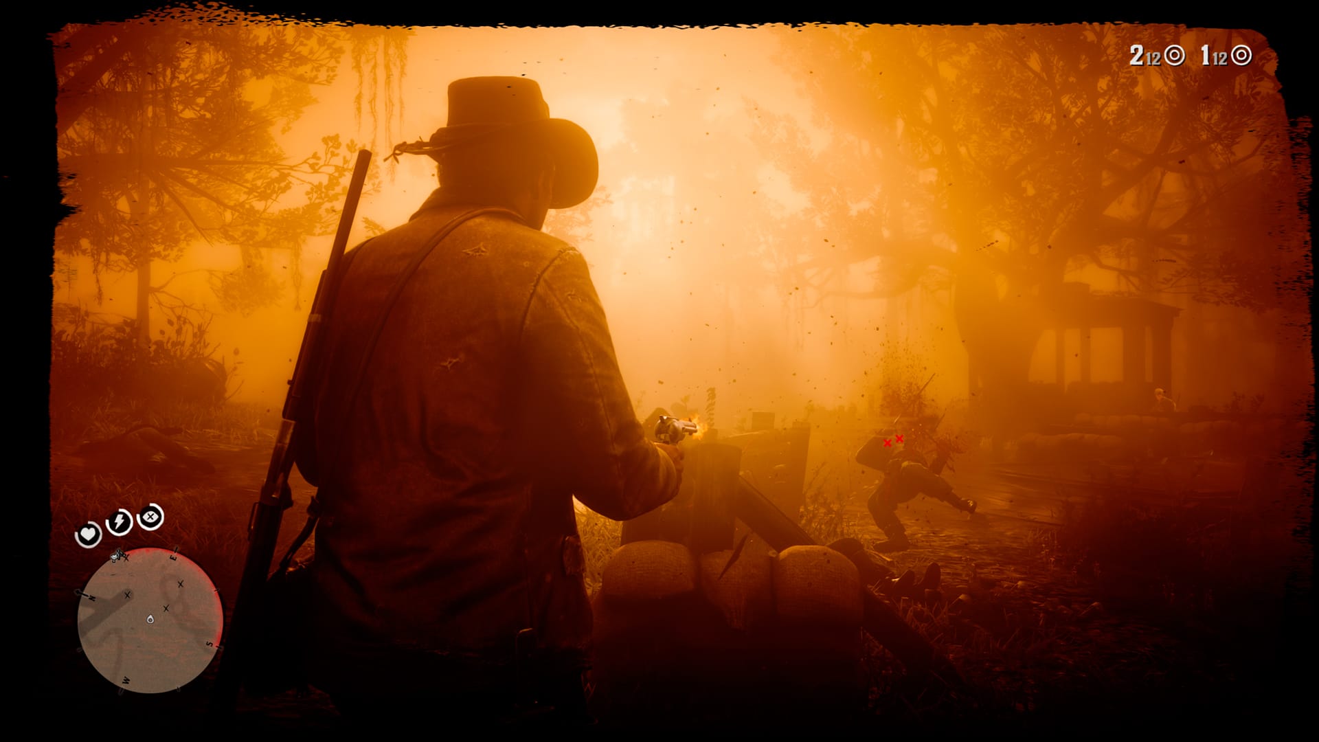 Weaponry Screenshot of a gun fight in Red Dead Redemption 2.