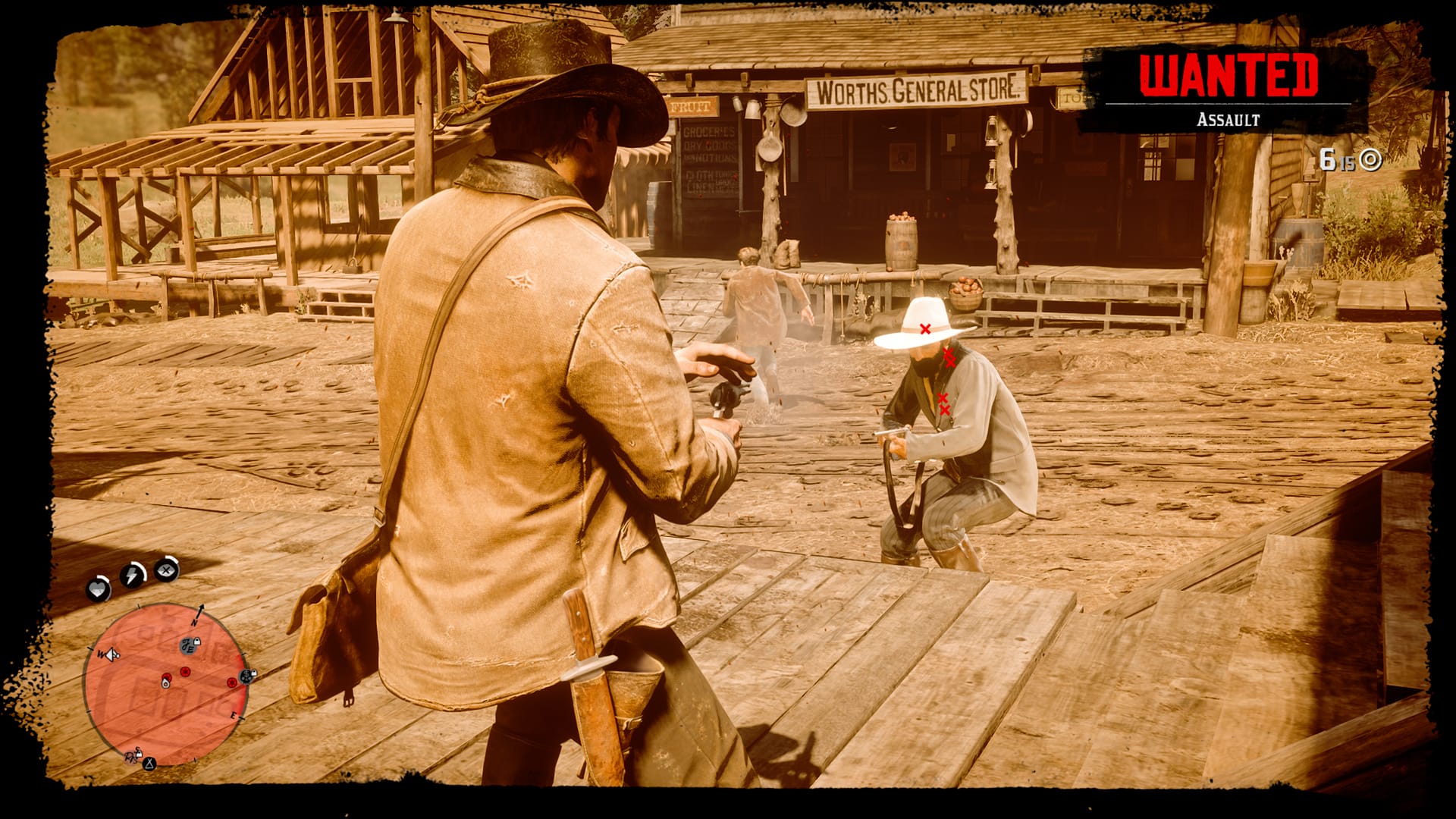 Weaponry Screenshot of a gun fight in Red Dead Redemption 2.