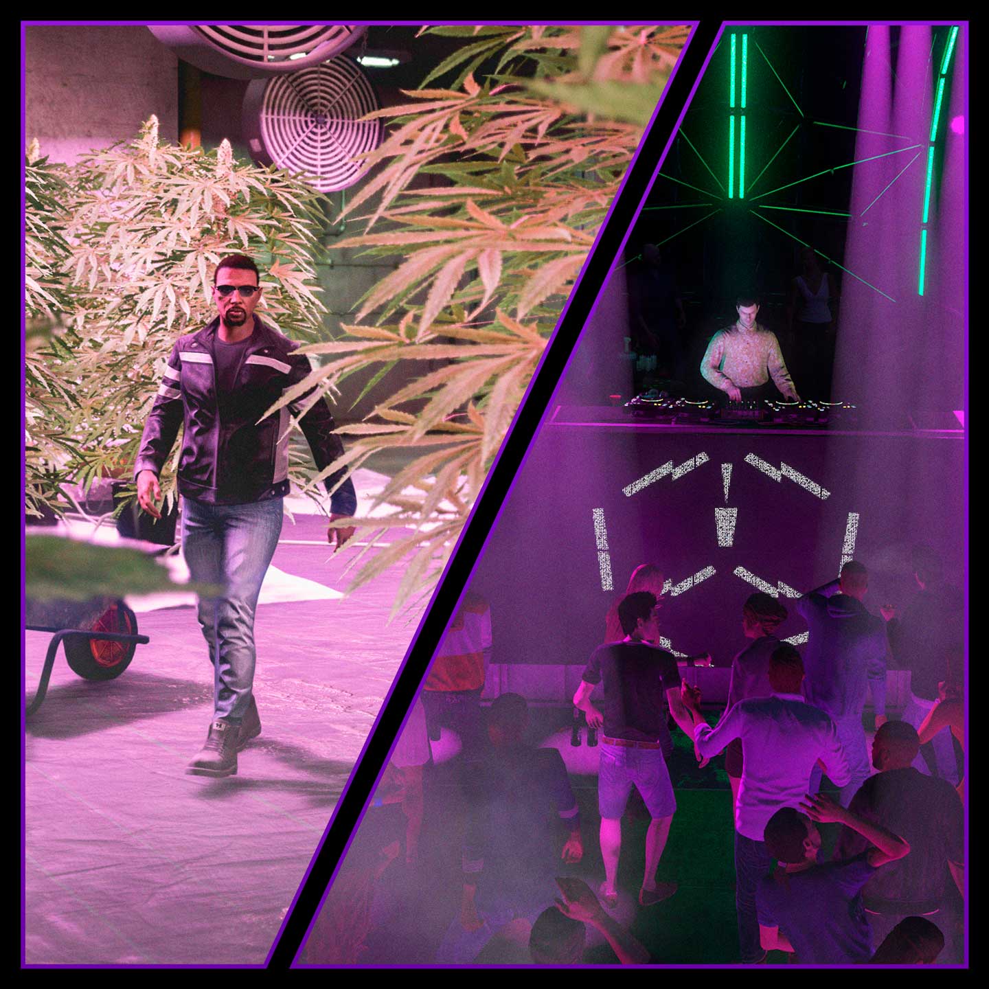 Weed Screenshot of a Weed Farm and a Nightclub in GTA Online.
