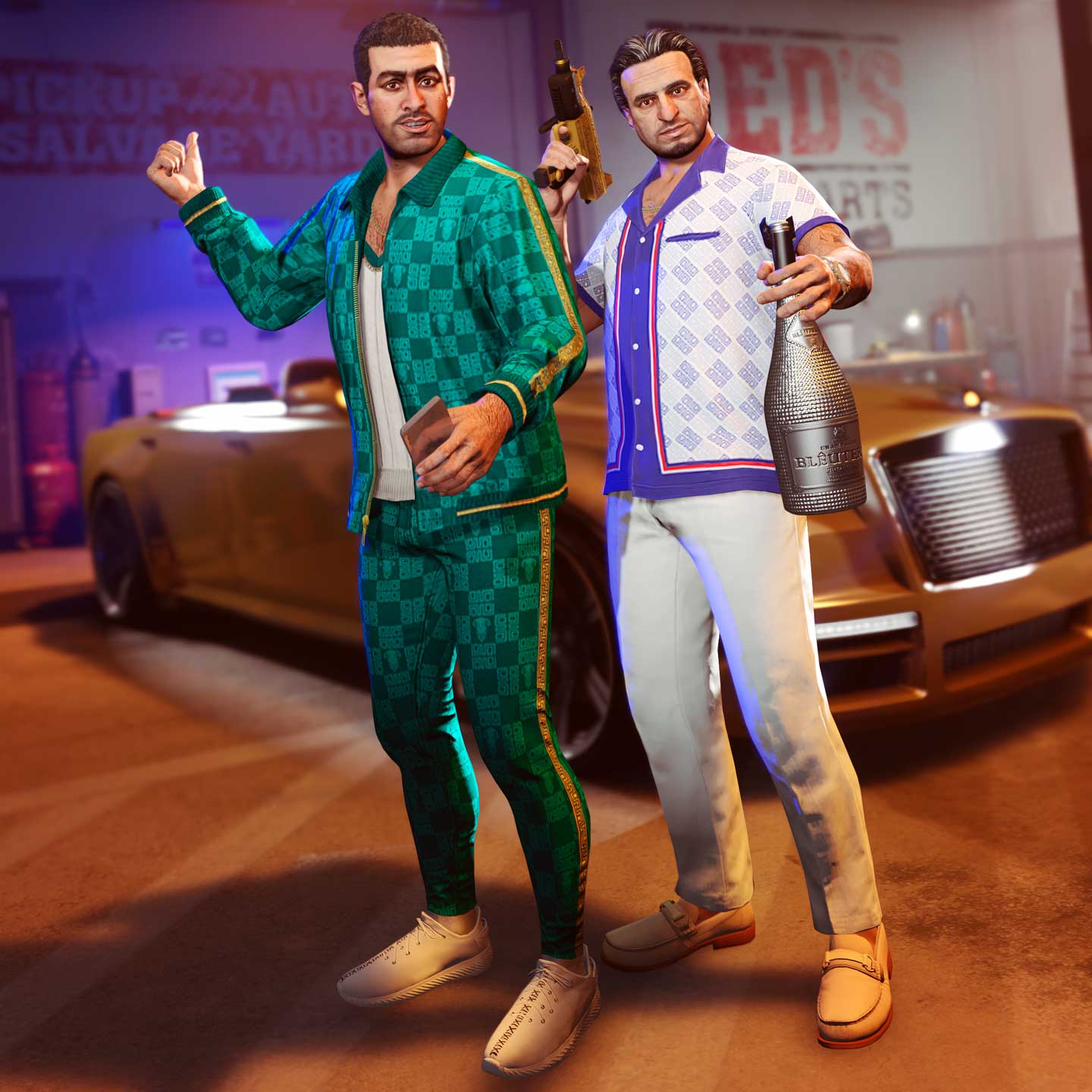 Yusuf Amir Screenshot of Yusuf Amir and his uncle in GTA Online: The Chop Shop.